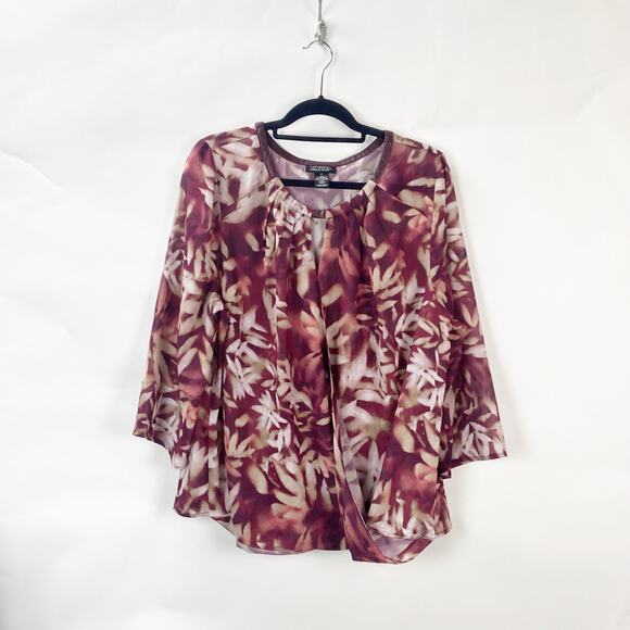 Catherines Black Label 0X 1X Plus Womens Maroon Ivory Print Faux Wrap Blouse - Picture 1 of 6